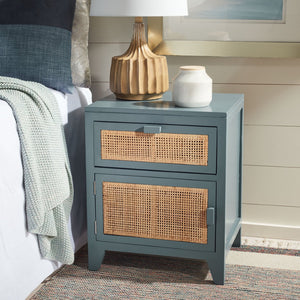 Safavieh Devon Coastal-Inspired Nightstand With Rattan Accents, 1 Drawer & 1 Door For Bedroom Storage Solutions Blue Grey/Natural NST4002B