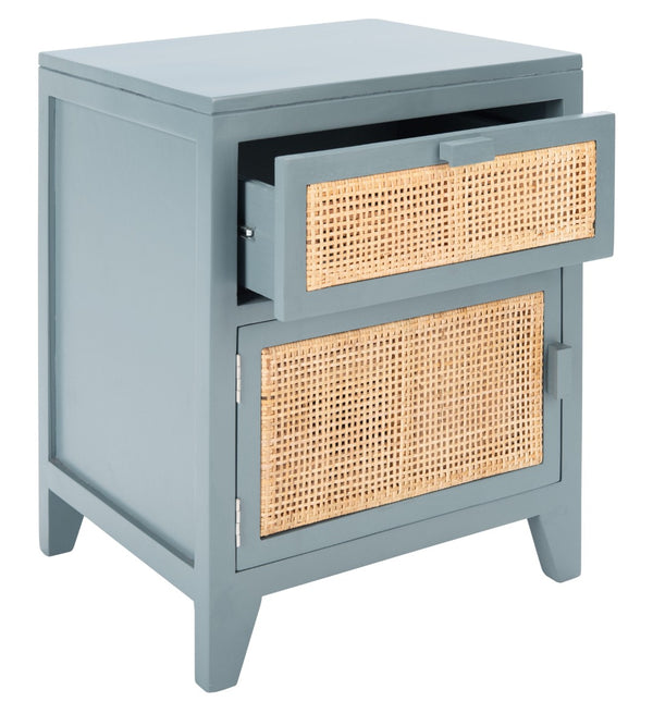 Safavieh Devon Coastal-Inspired Nightstand With Rattan Accents, 1 Drawer & 1 Door For Bedroom Storage Solutions Blue Grey/Natural NST4002B