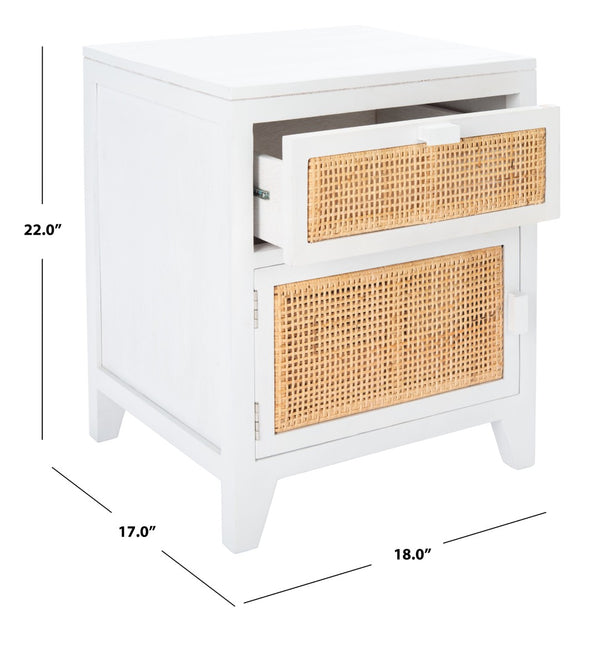 Safavieh Devon Coastal-Inspired Nightstand With Rattan Accents, 1 Drawer & 1 Door For Bedroom Storage Solutions White/Natural NST4002C