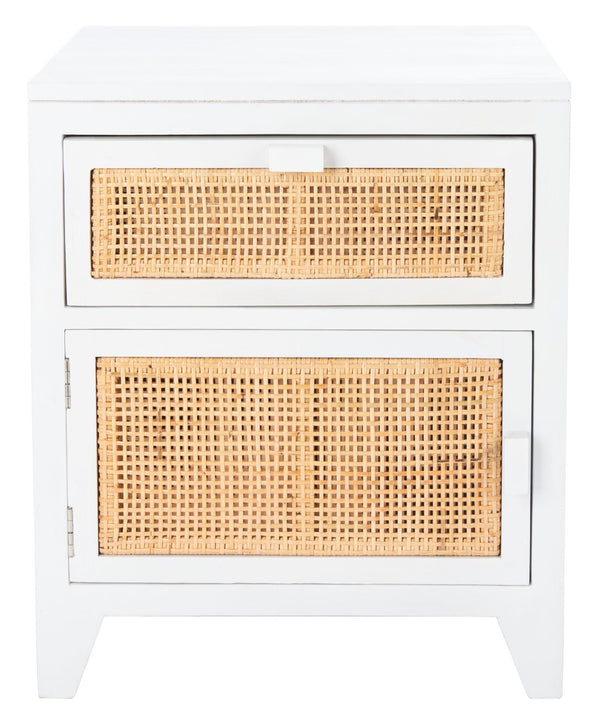 Safavieh Devon Coastal-Inspired Nightstand With Rattan Accents, 1 Drawer & 1 Door For Bedroom Storage Solutions White/Natural NST4002C