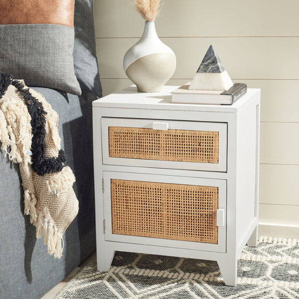 Safavieh Devon Coastal-Inspired Nightstand With Rattan Accents, 1 Drawer & 1 Door For Bedroom Storage Solutions White/Natural NST4002C