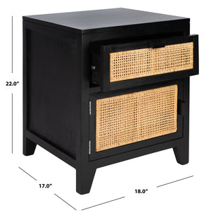 Safavieh Devon Coastal-Inspired Nightstand With Rattan Accents, 1 Drawer & 1 Door For Bedroom Storage Solutions Black/Natural NST4002D