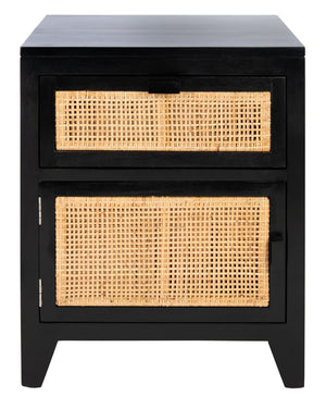 Safavieh Devon Coastal-Inspired Nightstand With Rattan Accents, 1 Drawer & 1 Door For Bedroom Storage Solutions Black/Natural NST4002D