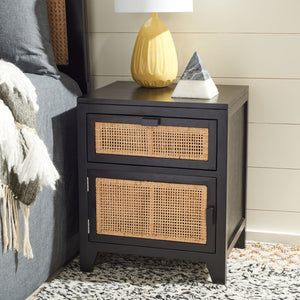 Safavieh Devon Coastal-Inspired Nightstand With Rattan Accents, 1 Drawer & 1 Door For Bedroom Storage Solutions Black/Natural NST4002D