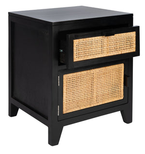 Safavieh Devon Coastal-Inspired Nightstand With Rattan Accents, 1 Drawer & 1 Door For Bedroom Storage Solutions Black/Natural NST4002D
