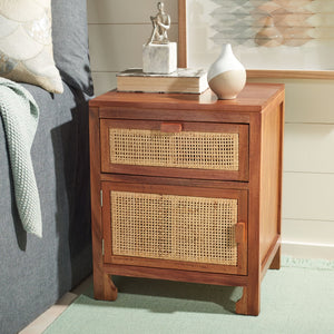 Safavieh Dave Coastal Style Nightstand With Storage, Natural Wood Frame & Rattan For Modern Interiors Natural NST4003A