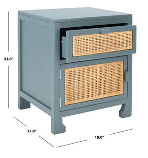 Safavieh Dave Coastal Style Nightstand With Storage, Natural Wood Frame & Rattan For Modern Interiors Blue Grey/Natural NST4003B