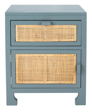 Safavieh Dave Coastal Style Nightstand With Storage, Natural Wood Frame & Rattan For Modern Interiors Blue Grey/Natural NST4003B