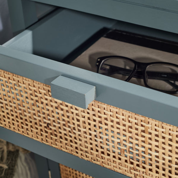 Safavieh Dave Coastal Style Nightstand With Storage, Natural Wood Frame & Rattan For Modern Interiors Blue Grey/Natural NST4003B