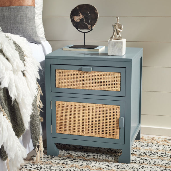 Safavieh Dave Coastal Style Nightstand With Storage, Natural Wood Frame & Rattan For Modern Interiors Blue Grey/Natural NST4003B
