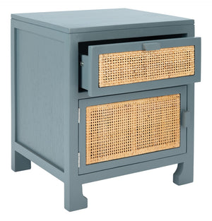 Safavieh Dave Coastal Style Nightstand With Storage, Natural Wood Frame & Rattan For Modern Interiors Blue Grey/Natural NST4003B