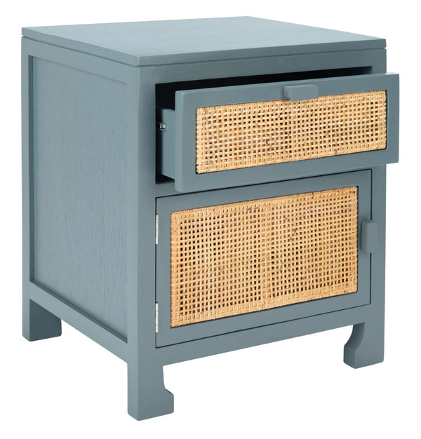 Safavieh Dave Coastal Style Nightstand With Storage, Natural Wood Frame & Rattan For Modern Interiors Blue Grey/Natural NST4003B