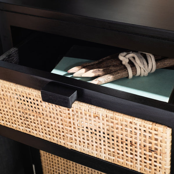 Safavieh Dave Coastal Style Nightstand With Storage, Natural Wood Frame & Rattan For Modern Interiors Black/Natural NST4003D