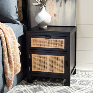 Safavieh Dave Coastal Style Nightstand With Storage, Natural Wood Frame & Rattan For Modern Interiors Black/Natural NST4003D