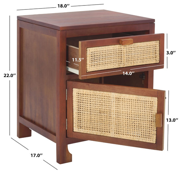 Safavieh Dave Coastal Style Nightstand With Storage, Natural Wood Frame & Rattan For Modern Interiors Dark Natural / Natural NST4003E