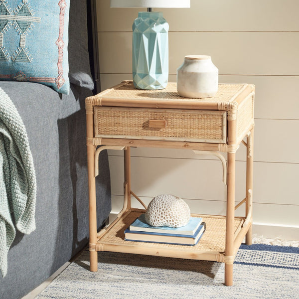Safavieh Roya Coastal Charm Nightstand With Rattan Drawer & Open Shelf For Stylish Bedroom Storage Solutions Natural NST4005A