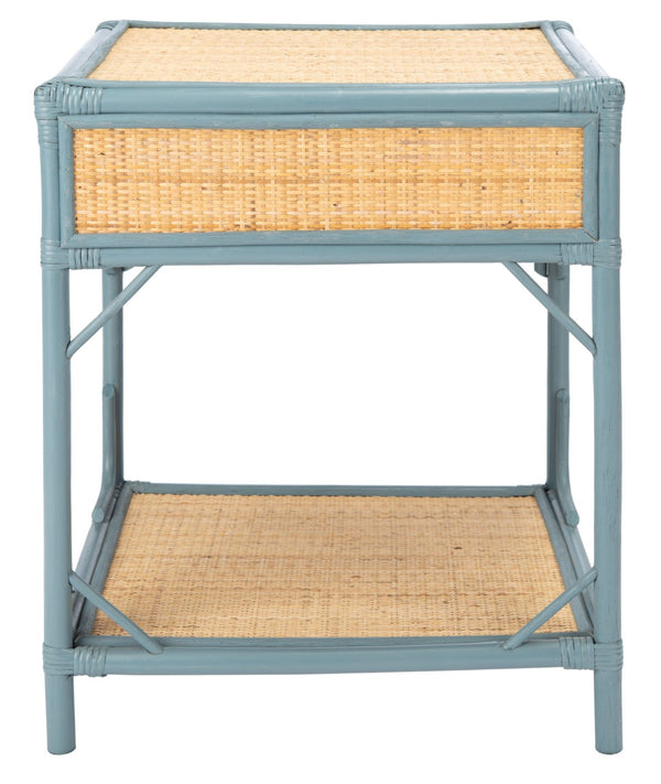 Safavieh Roya Coastal Charm Nightstand With Rattan Drawer & Open Shelf For Stylish Bedroom Storage Solutions Blue Grey/Natural NST4005B
