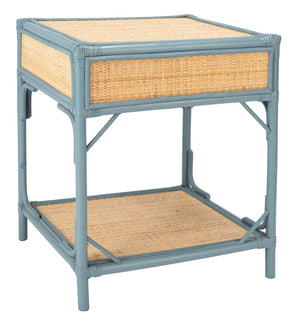 Safavieh Roya Coastal Charm Nightstand With Rattan Drawer & Open Shelf For Stylish Bedroom Storage Solutions Blue Grey/Natural NST4005B