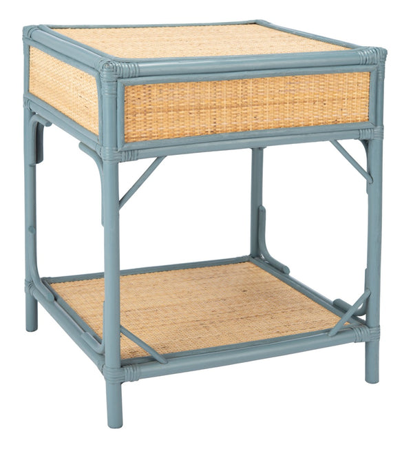 Safavieh Roya Coastal Charm Nightstand With Rattan Drawer & Open Shelf For Stylish Bedroom Storage Solutions Blue Grey/Natural NST4005B