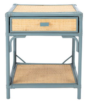 Safavieh Roya Coastal Charm Nightstand With Rattan Drawer & Open Shelf For Stylish Bedroom Storage Solutions Blue Grey/Natural NST4005B