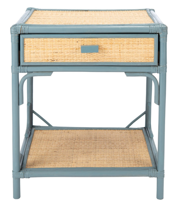 Safavieh Roya Coastal Charm Nightstand With Rattan Drawer & Open Shelf For Stylish Bedroom Storage Solutions Blue Grey/Natural NST4005B