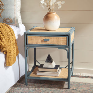 Safavieh Roya Coastal Charm Nightstand With Rattan Drawer & Open Shelf For Stylish Bedroom Storage Solutions Blue Grey/Natural NST4005B