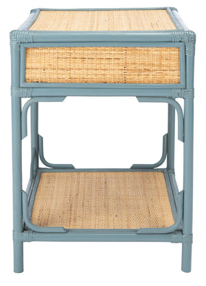 Safavieh Roya Coastal Charm Nightstand With Rattan Drawer & Open Shelf For Stylish Bedroom Storage Solutions Blue Grey/Natural NST4005B