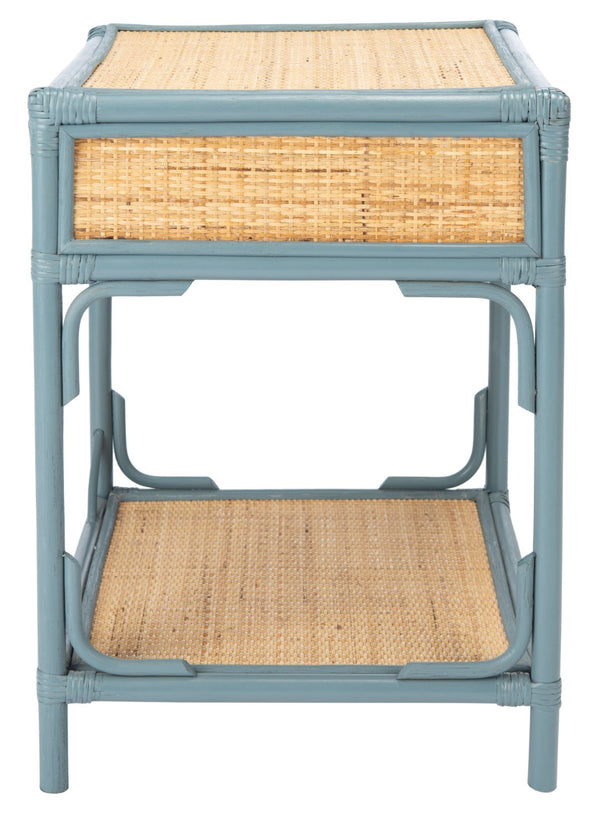 Safavieh Roya Coastal Charm Nightstand With Rattan Drawer & Open Shelf For Stylish Bedroom Storage Solutions Blue Grey/Natural NST4005B