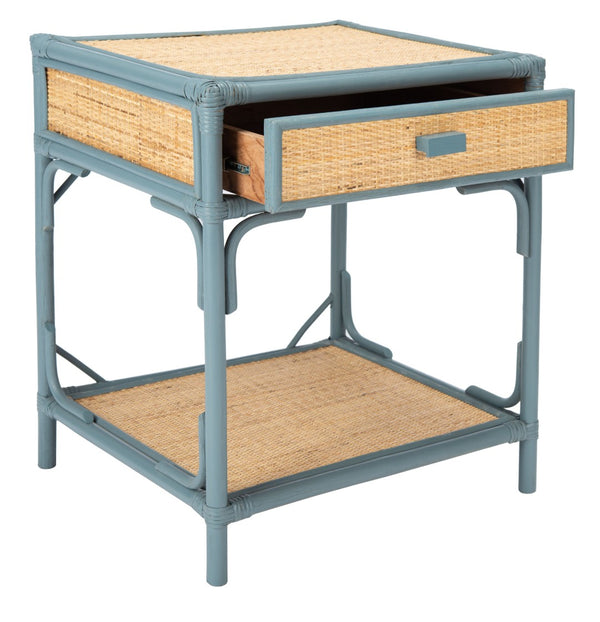 Safavieh Roya Coastal Charm Nightstand With Rattan Drawer & Open Shelf For Stylish Bedroom Storage Solutions Blue Grey/Natural NST4005B