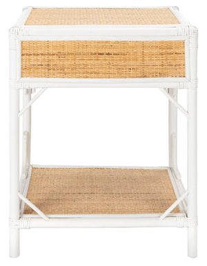 Safavieh Roya Coastal Charm Nightstand With Rattan Drawer & Open Shelf For Stylish Bedroom Storage Solutions White/Natural NST4005C