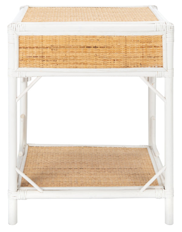 Safavieh Roya Coastal Charm Nightstand With Rattan Drawer & Open Shelf For Stylish Bedroom Storage Solutions White/Natural NST4005C