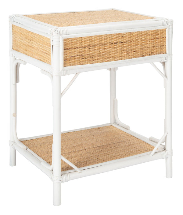 Safavieh Roya Coastal Charm Nightstand With Rattan Drawer & Open Shelf For Stylish Bedroom Storage Solutions White/Natural NST4005C