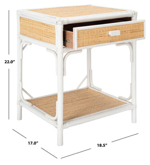 Safavieh Roya Coastal Charm Nightstand With Rattan Drawer & Open Shelf For Stylish Bedroom Storage Solutions White/Natural NST4005C