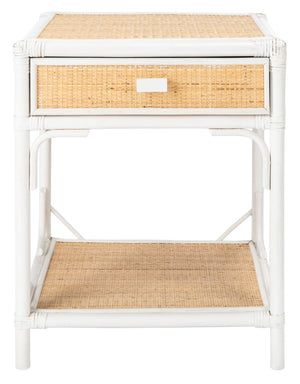 Safavieh Roya Coastal Charm Nightstand With Rattan Drawer & Open Shelf For Stylish Bedroom Storage Solutions White/Natural NST4005C