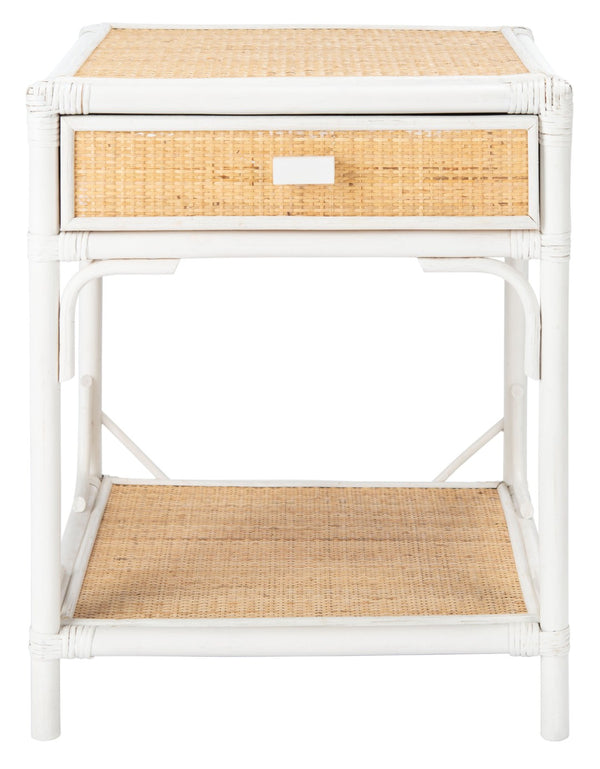 Safavieh Roya Coastal Charm Nightstand With Rattan Drawer & Open Shelf For Stylish Bedroom Storage Solutions White/Natural NST4005C
