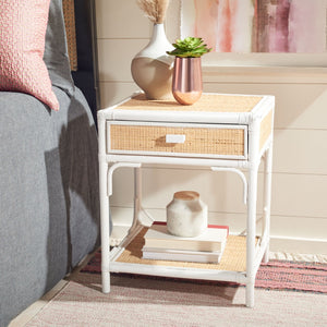 Safavieh Roya Coastal Charm Nightstand With Rattan Drawer & Open Shelf For Stylish Bedroom Storage Solutions White/Natural NST4005C