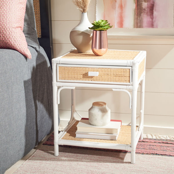 Safavieh Roya Coastal Charm Nightstand With Rattan Drawer & Open Shelf For Stylish Bedroom Storage Solutions White/Natural NST4005C