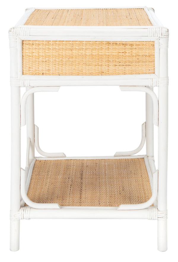 Safavieh Roya Coastal Charm Nightstand With Rattan Drawer & Open Shelf For Stylish Bedroom Storage Solutions White/Natural NST4005C