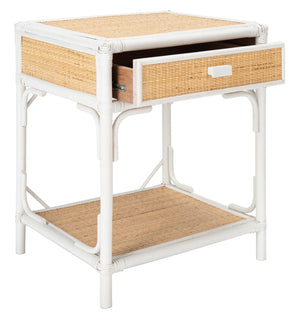 Safavieh Roya Coastal Charm Nightstand With Rattan Drawer & Open Shelf For Stylish Bedroom Storage Solutions White/Natural NST4005C