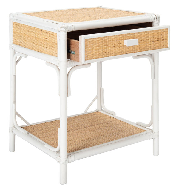 Safavieh Roya Coastal Charm Nightstand With Rattan Drawer & Open Shelf For Stylish Bedroom Storage Solutions White/Natural NST4005C