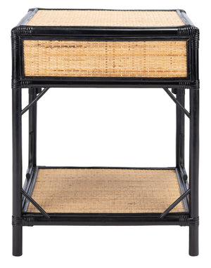 Safavieh Roya Coastal Charm Nightstand With Rattan Drawer & Open Shelf For Stylish Bedroom Storage Solutions Black/Natural NST4005D