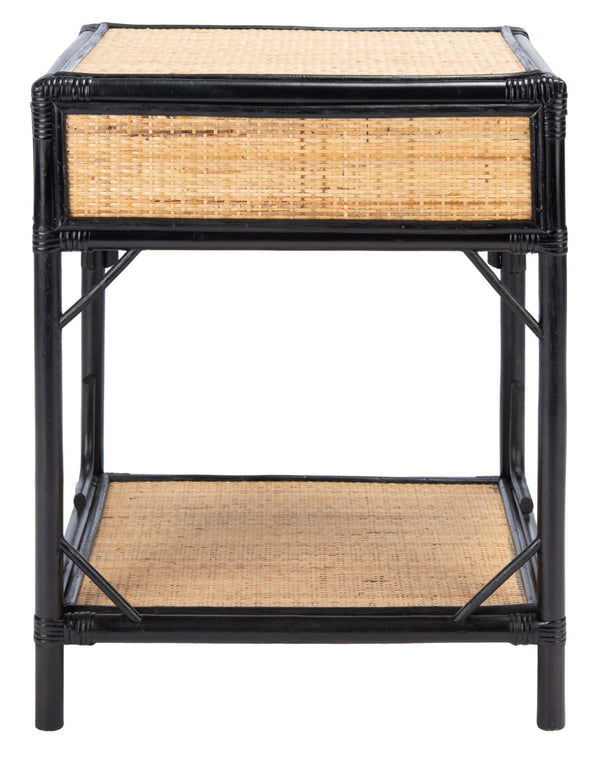 Safavieh Roya Coastal Charm Nightstand With Rattan Drawer & Open Shelf For Stylish Bedroom Storage Solutions Black/Natural NST4005D
