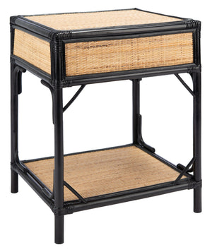 Safavieh Roya Coastal Charm Nightstand With Rattan Drawer & Open Shelf For Stylish Bedroom Storage Solutions Black/Natural NST4005D