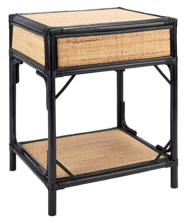 Safavieh Roya Coastal Charm Nightstand With Rattan Drawer & Open Shelf For Stylish Bedroom Storage Solutions Black/Natural NST4005D