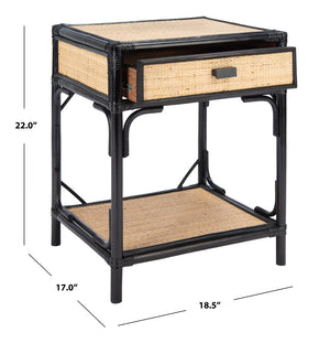 Safavieh Roya Coastal Charm Nightstand With Rattan Drawer & Open Shelf For Stylish Bedroom Storage Solutions Black/Natural NST4005D