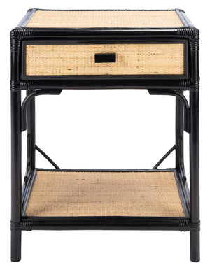Safavieh Roya Coastal Charm Nightstand With Rattan Drawer & Open Shelf For Stylish Bedroom Storage Solutions Black/Natural NST4005D