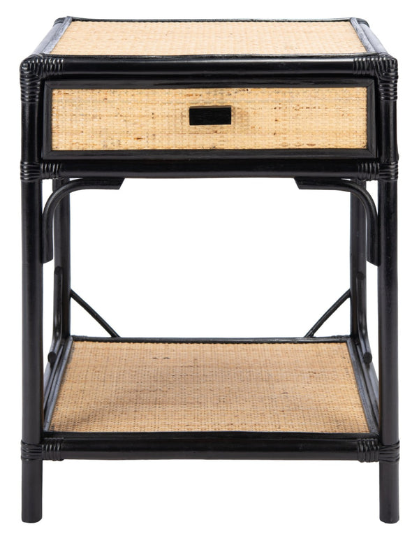 Safavieh Roya Coastal Charm Nightstand With Rattan Drawer & Open Shelf For Stylish Bedroom Storage Solutions Black/Natural NST4005D
