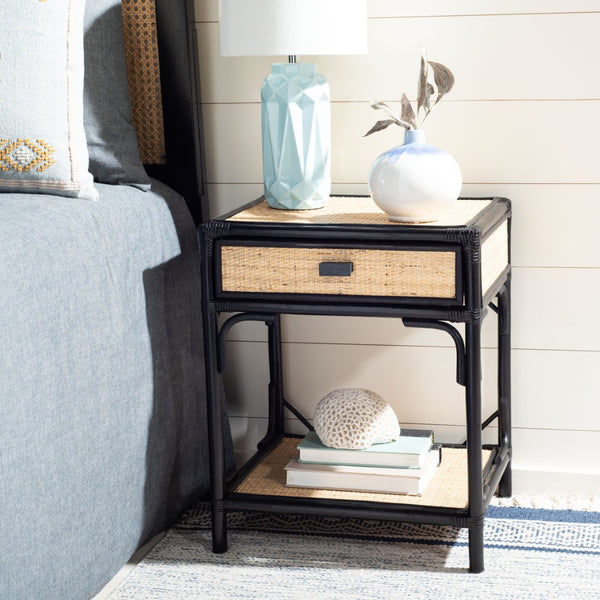 Safavieh Roya Coastal Charm Nightstand With Rattan Drawer & Open Shelf For Stylish Bedroom Storage Solutions Black/Natural NST4005D
