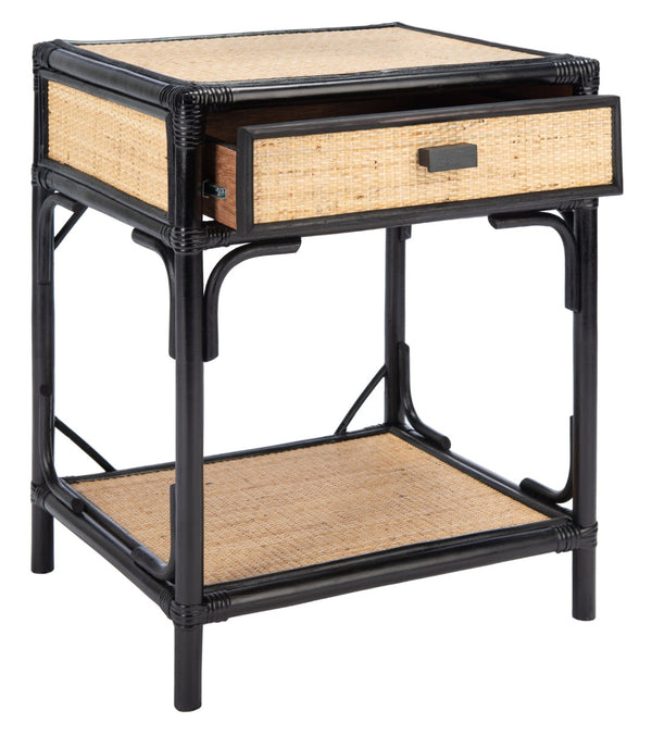 Safavieh Roya Coastal Charm Nightstand With Rattan Drawer & Open Shelf For Stylish Bedroom Storage Solutions Black/Natural NST4005D