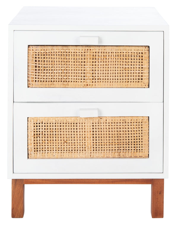 Safavieh Erica Coastal-Inspired Two-Drawer Nightstand With Elegant Rattan Details And Modern Black Legs White/Natural NST4006B